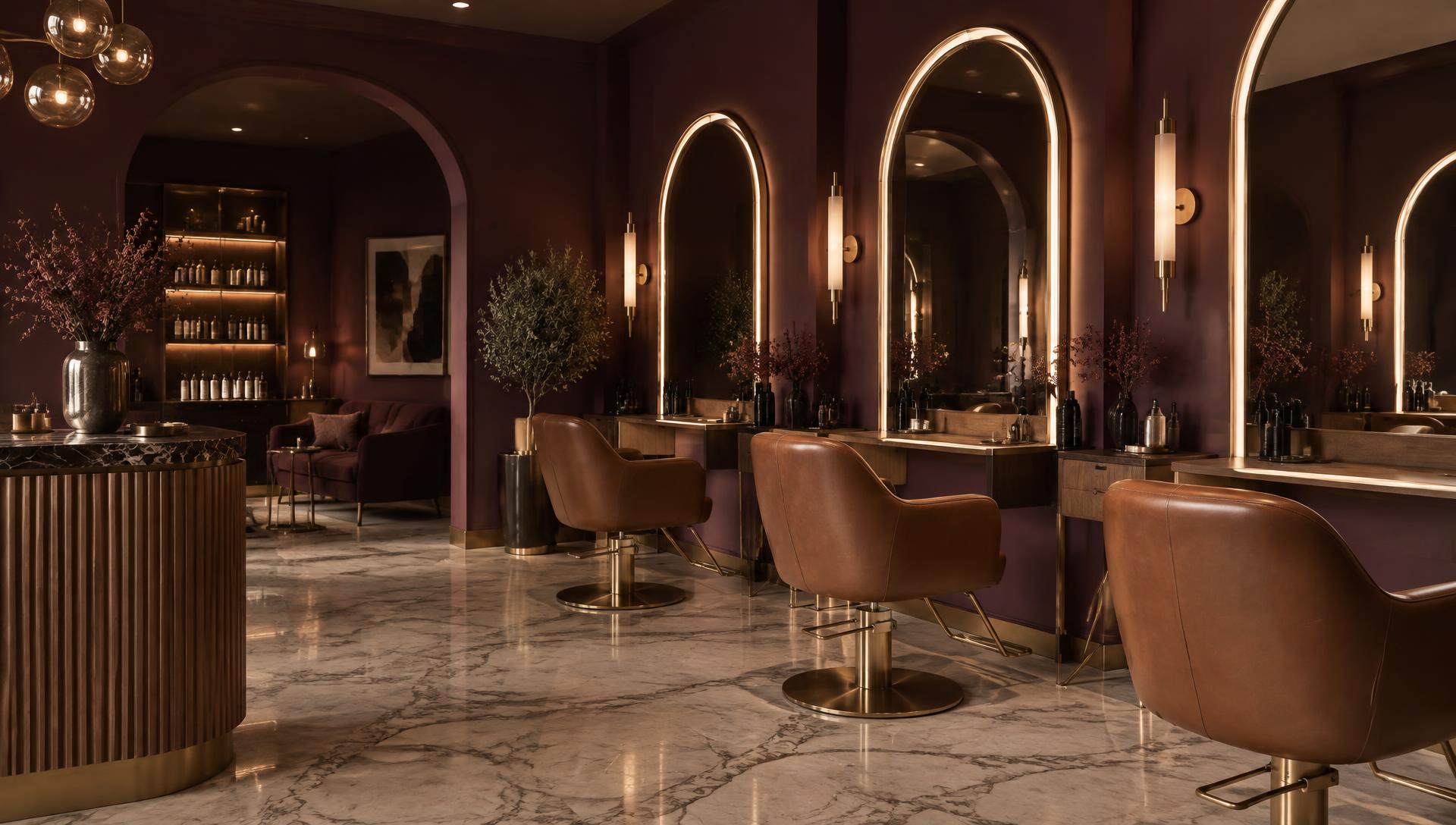 Aspen + Ash Salon interior with plum walls and brass mirrors